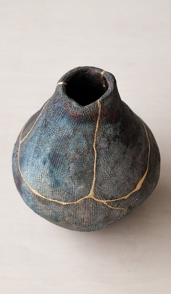 Mondays Raku Fired Coil Built Iridescent Vase w/ Kintsugi