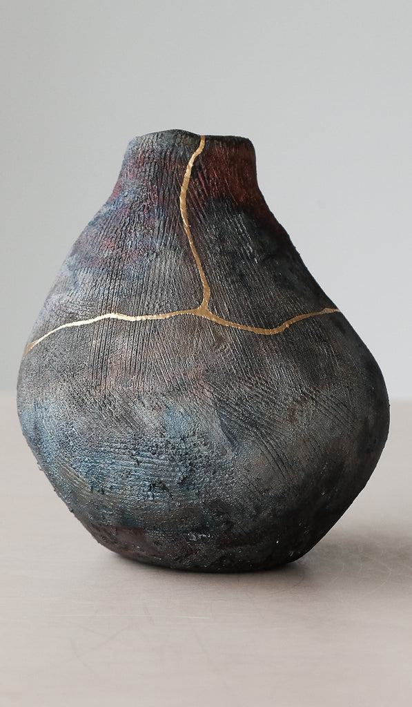 Mondays Raku Fired Coil Built Iridescent Vase w/ Kintsugi