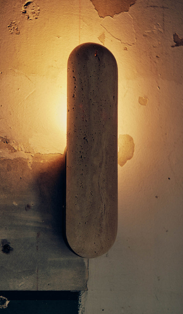 Studio Henry Wilson Classico Travertine with Blackened Cast Bronze Pill Sconce