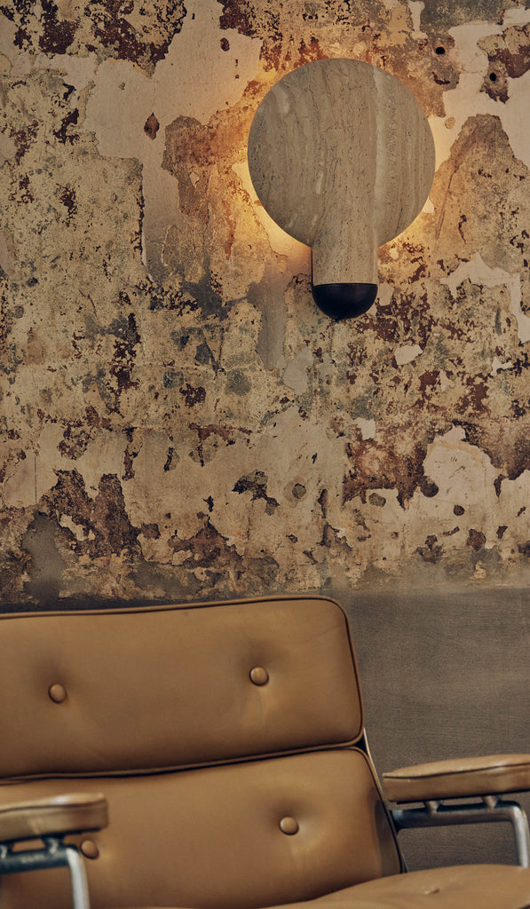 IN STOCK Studio Henry Wilson Classico Travertine with Blackened Cast Bronze Surface Wall Sconce
