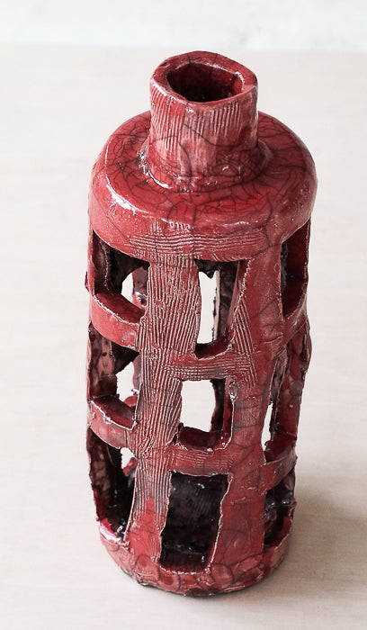 Mondays Raku Fired Basket Bottle Vase