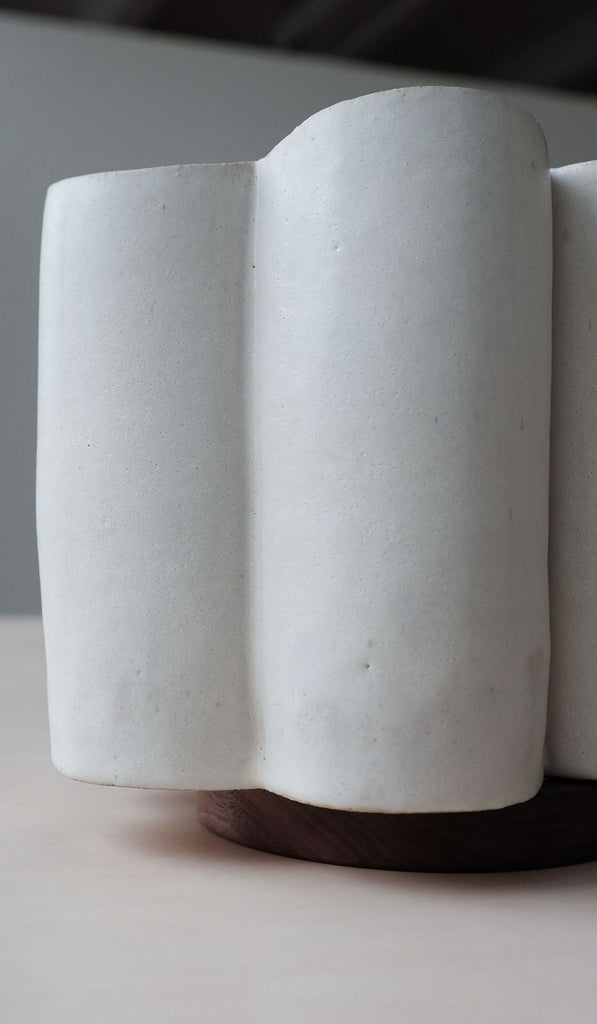 B Zippy Short Cream Scallop Vase with Walnut Base